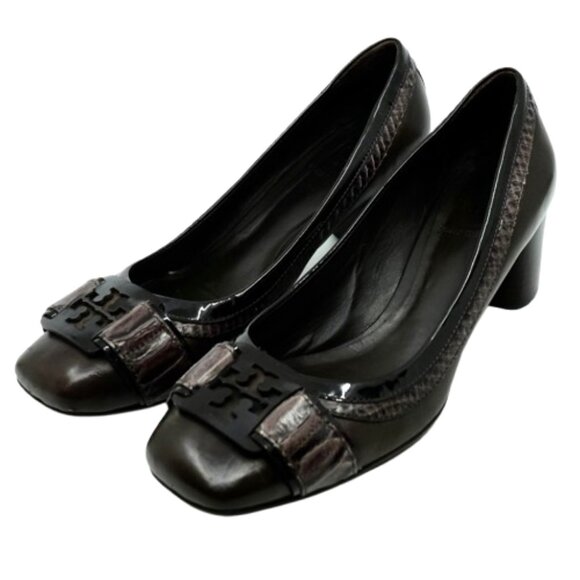 TORY BURCH~Odessa Pump~BLOCK HEEL Brown & BLACK LEATHER WOMENS SHOES 7.5M - Picture 1 of 6
